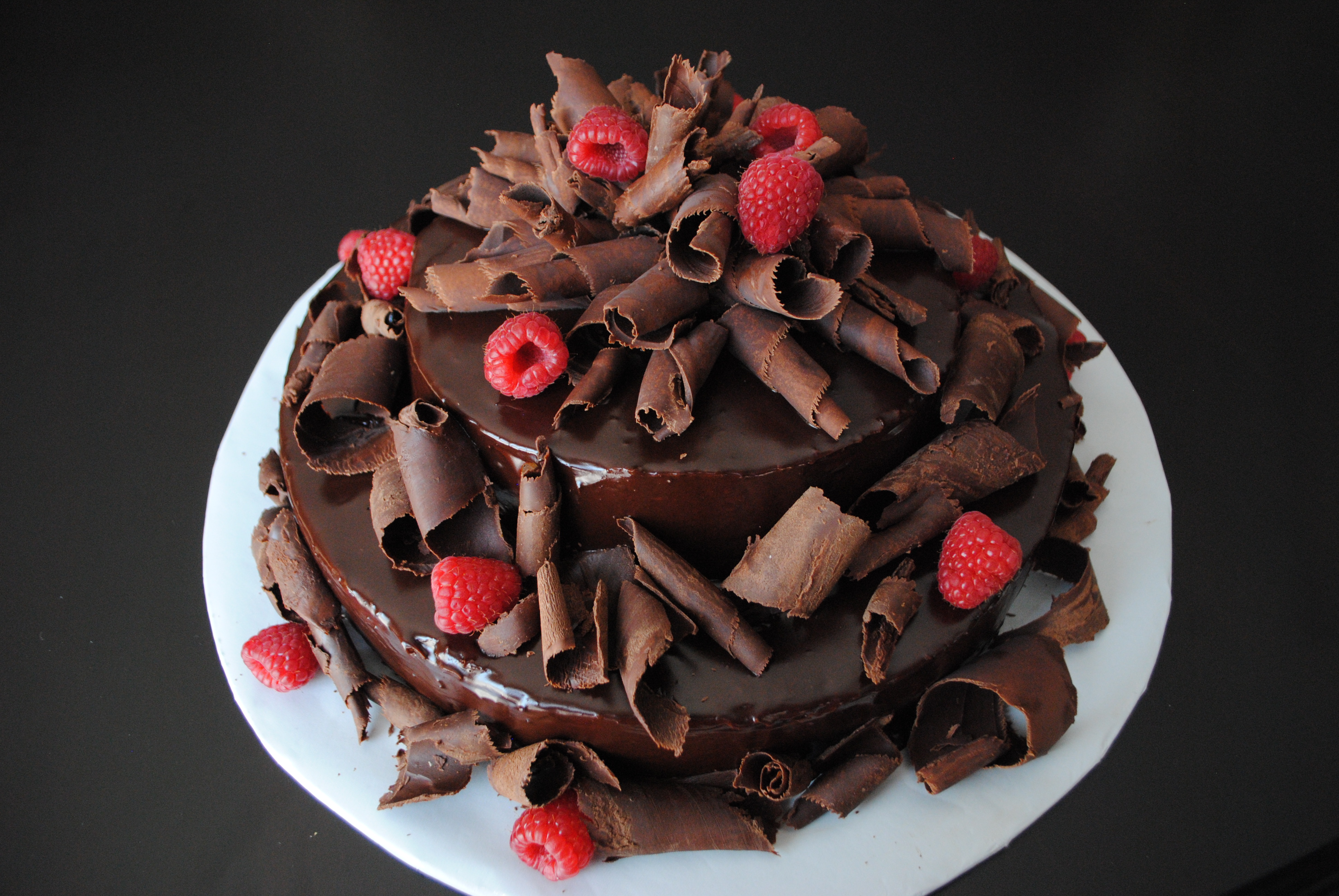 Chocolate Cake with Chocolate Curls and Raspberries | Dancing in ...